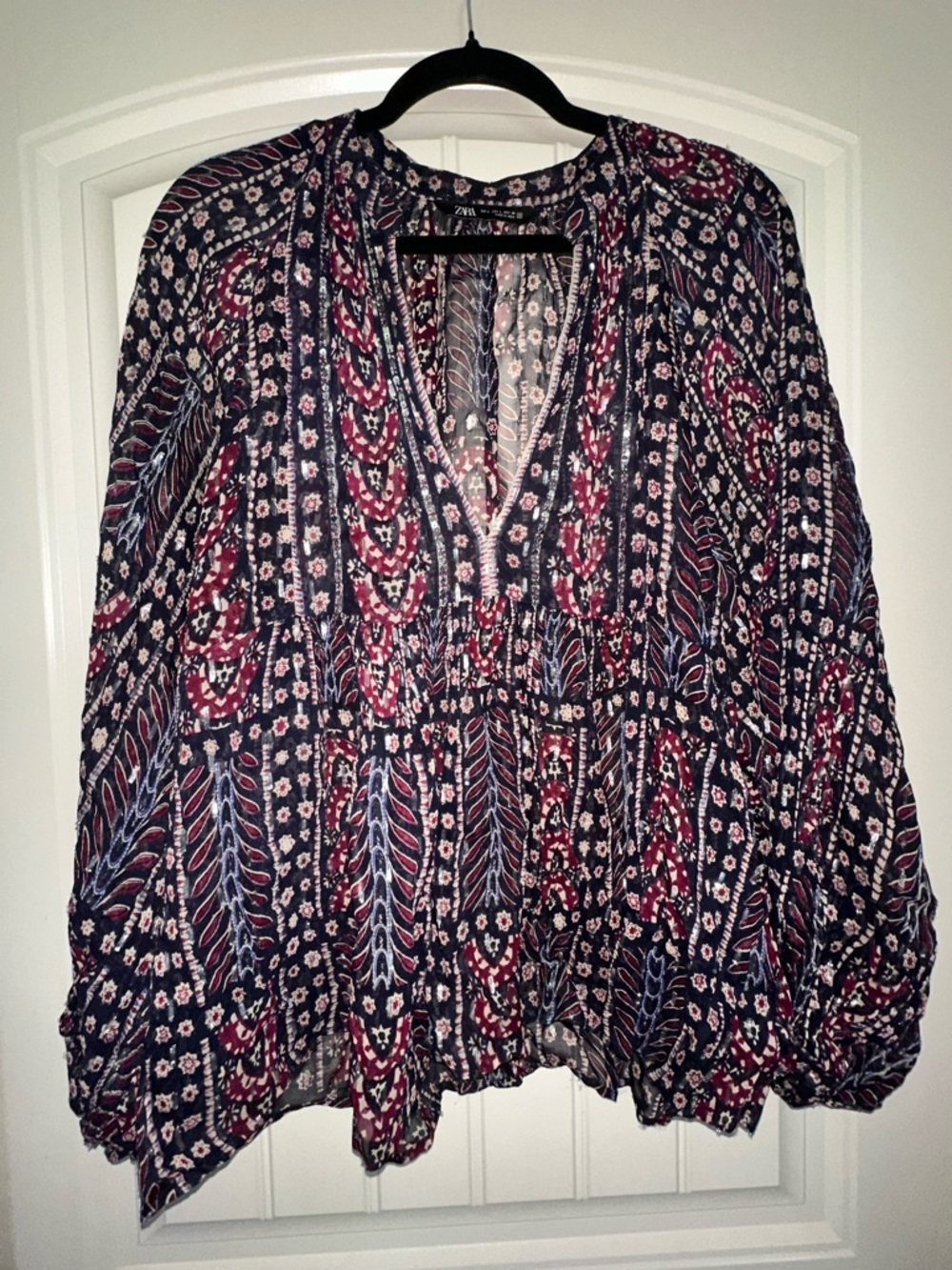 Zara Navy Multicolor Floral Border Print V-Neck Tunic